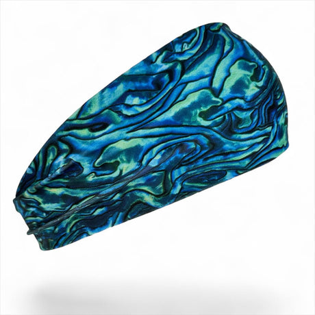 Blue and green patterned headband on a white background