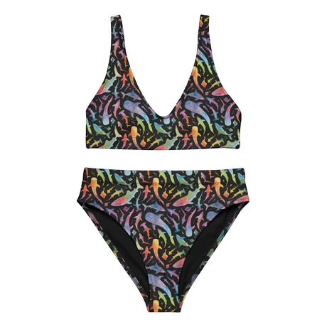 Ocean Motion Wear high-waisted bikini set featuring a colorful rainbow shark print on a black background.