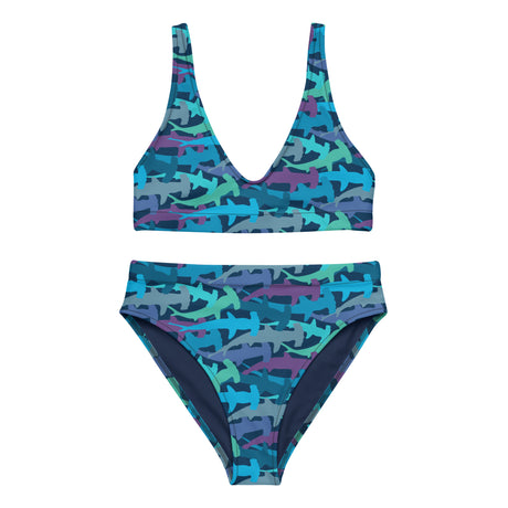 Two-piece swimsuit with hammerhead shark pattern on a white background