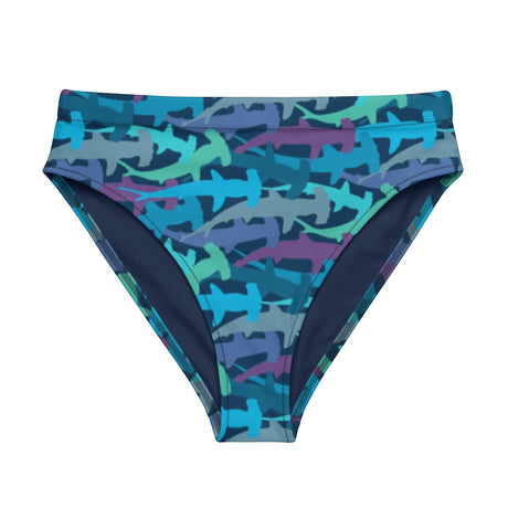 Blue swim bottom with shark pattern on a white background