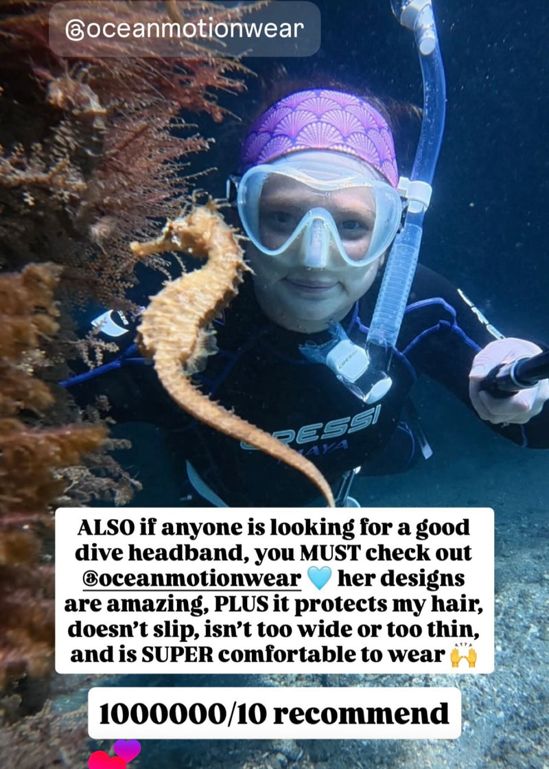 woman snorkeling with a seahorse wearing pink seashell headband with promotional text overlay