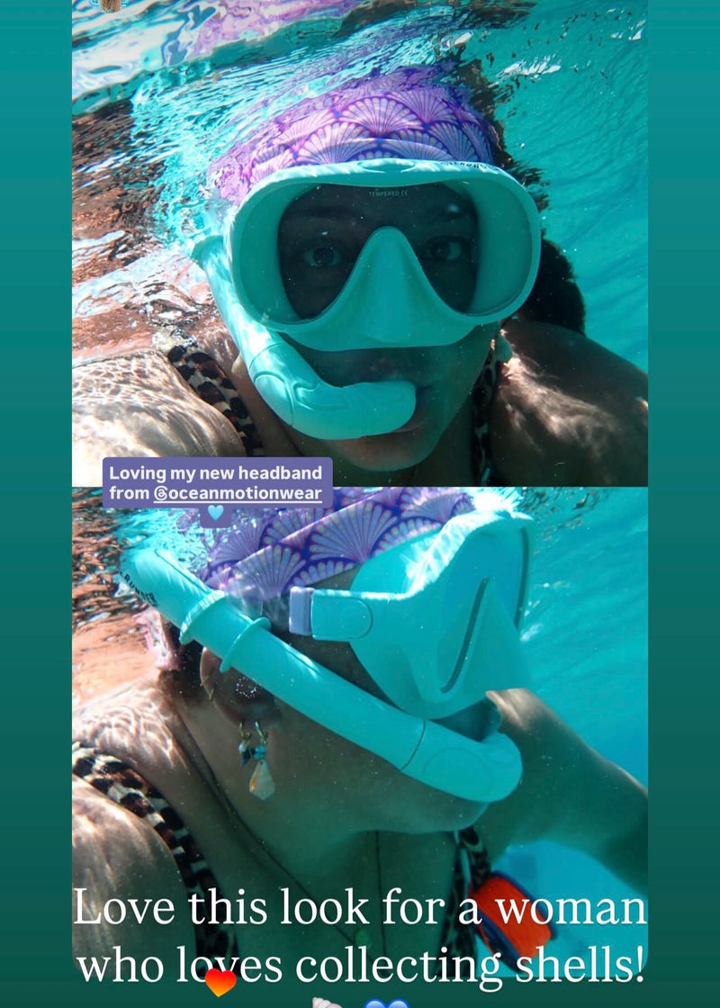 Person underwater wearing a snorkel and goggles with text about a headband and shell collecting.