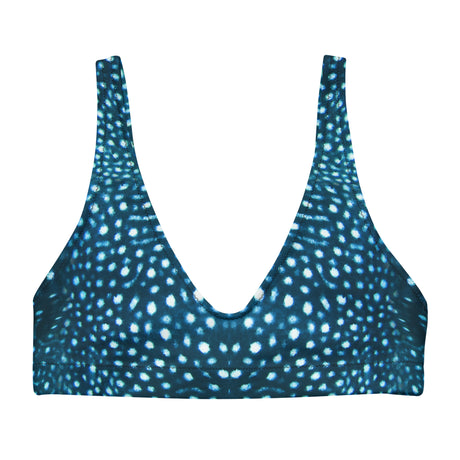 A women's bikini top with a V-neckline and wide straps, featuring a dark teal blue and white spotted pattern resembling a Whale shark print, shown against a plain white background.
