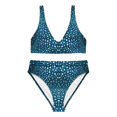 A two-piece bikini set with a dark teal blue and white spotted pattern, featuring a V-neck triangle top and matching high-waisted bottoms, shown against a plain white background.