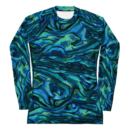 Abalone Long Sleeve Rash Guard by Ocean Motion Wear — blue-green abalone shell swirl pattern, front view.