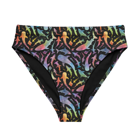 Ocean Motion Wear high-waisted bikini bottom in black with a colorful rainbow shark print made from recycled fabric.