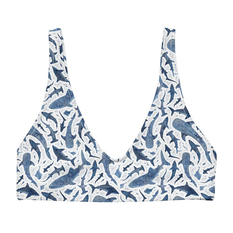 Ocean Motion Wear bikini top featuring a blue and white shark pattern on soft recycled fabric with removable padding.