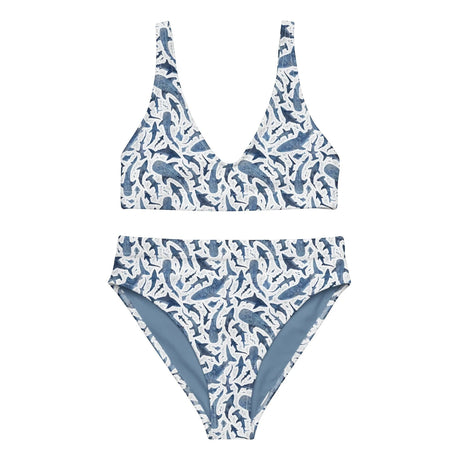 Ocean Motion Wear high-waisted bikini set in white featuring a blue whale shark print made from recycled fabric.