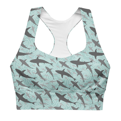 Reef Shark Swim Sports Bra by Ocean Motion Wear — shark print in light blue-green and dark gray, front view.