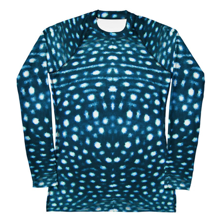 A long-sleeve crewneck rashguard with an all-over blue and white whale shark pattern, displayed flat against a plain white background.